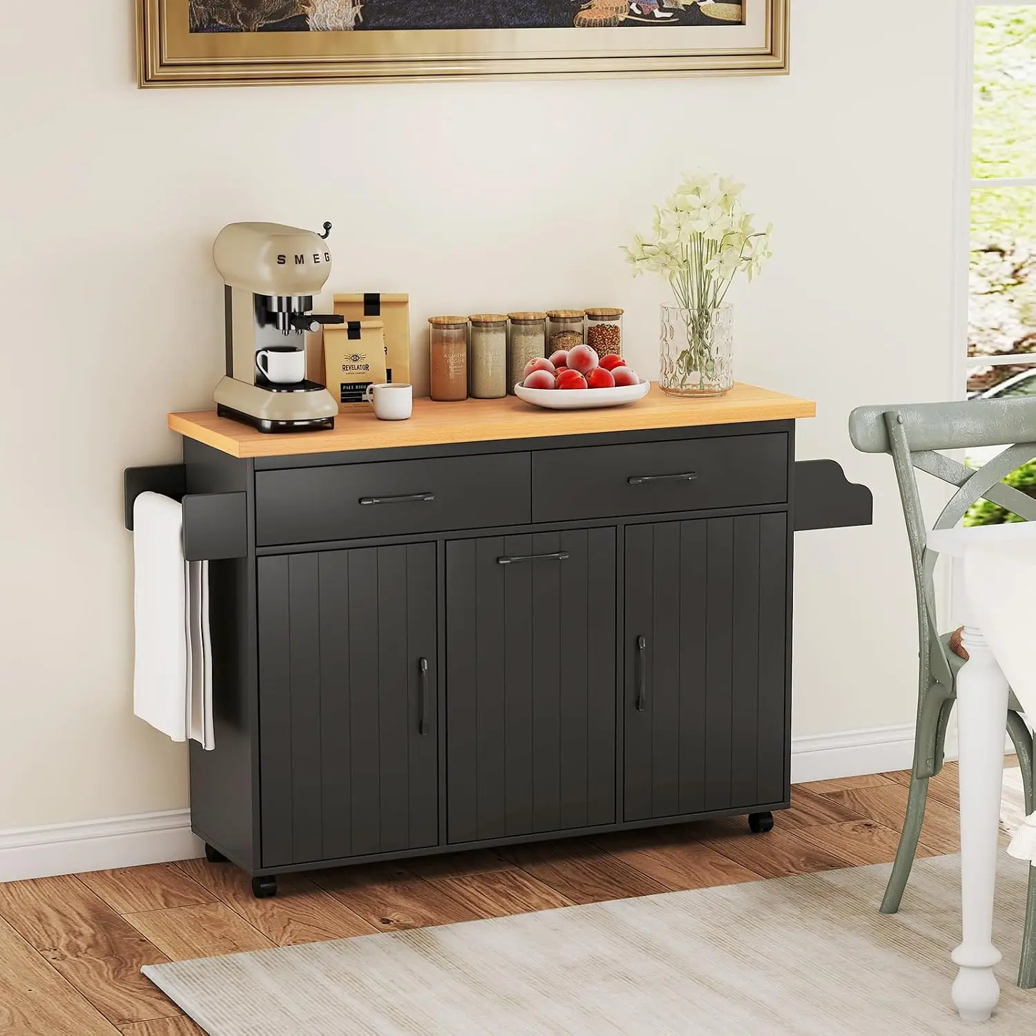 Kitchen Island Cart with Trash Storage, Adjustable Shelves, 2 Drawers, Spice Rack, Towel Bar, Mobile Dining Table, Customized