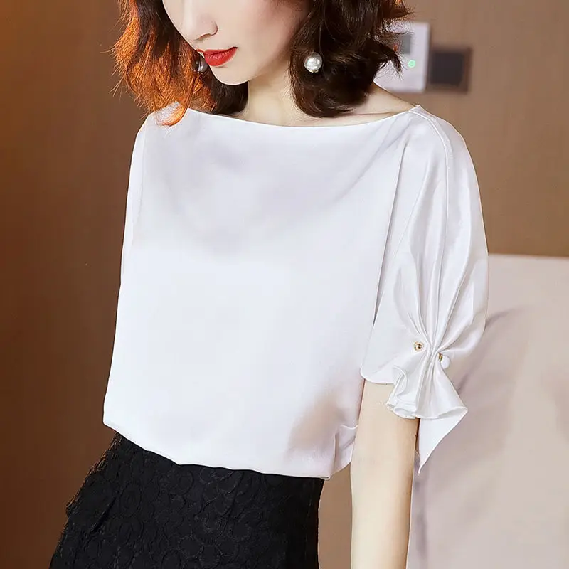 Female Clothing Fashion Satin Shirt Summer Solid Color Casual Loose Elegant Shirring Chic Three-dimensional Decoration Blouse