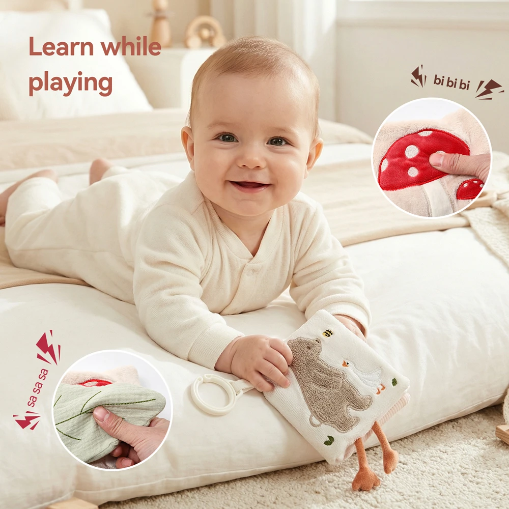Baby-Sensorik-Spielzeug, beruhigendes, weiches Plüsch-Stoffbuch, Rassel, Beißring, 0-12 Monate, fördert die taktile und motorische Entwicklung, frühpädagogisches Spielzeug für die frühe Kindheit. – Detail 3
