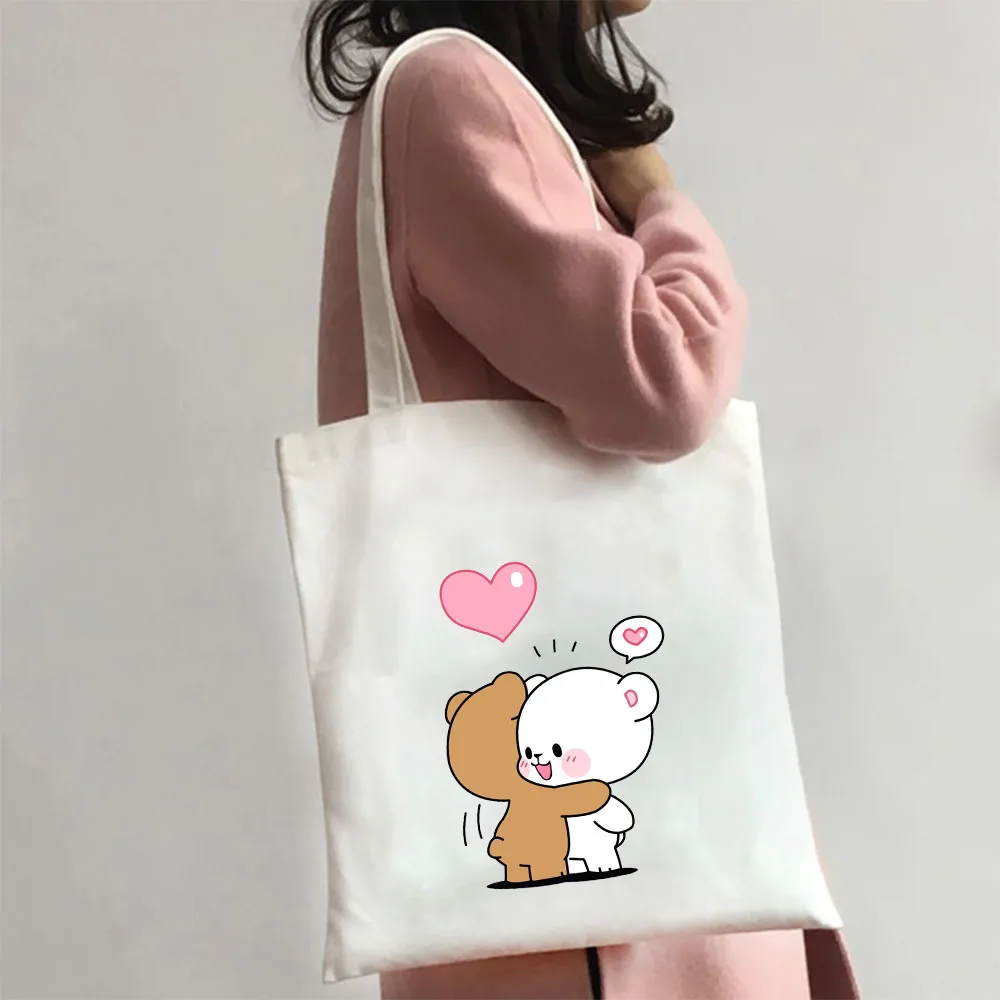 Симпатичный медведь Кот Панда Кролик мультфильм Kawaii Женская Холщовая Сумка на плечо сумка в стиле Harajuku Tote Eco Shopper Хлопковая сумка для покупок