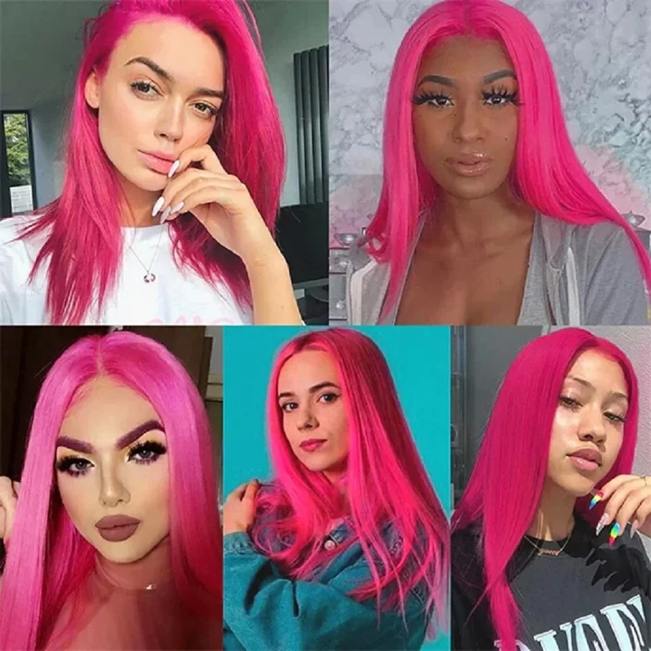 ﻿   Pelucas humanas Bob cortas y rectas de color rosa intenso, pelucas frontales de encaje 100%, peluca de encaje transparente con línea de cabello prearrancada ﻿