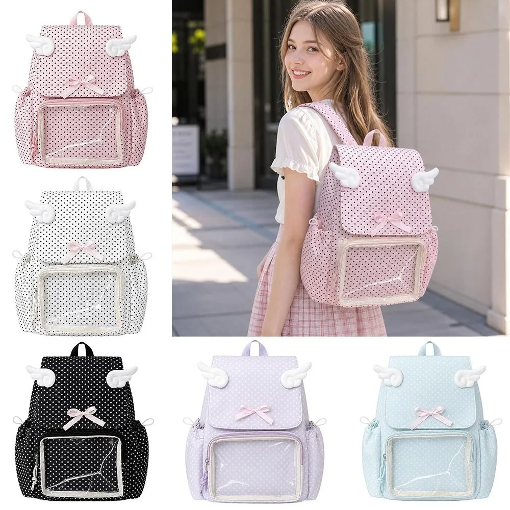 Polka Dot Polka Dot Bow Backpack Large Capacity Bow School Bag Double Shoulder Straps Japanese Style Travel Bag Outdoor Outings