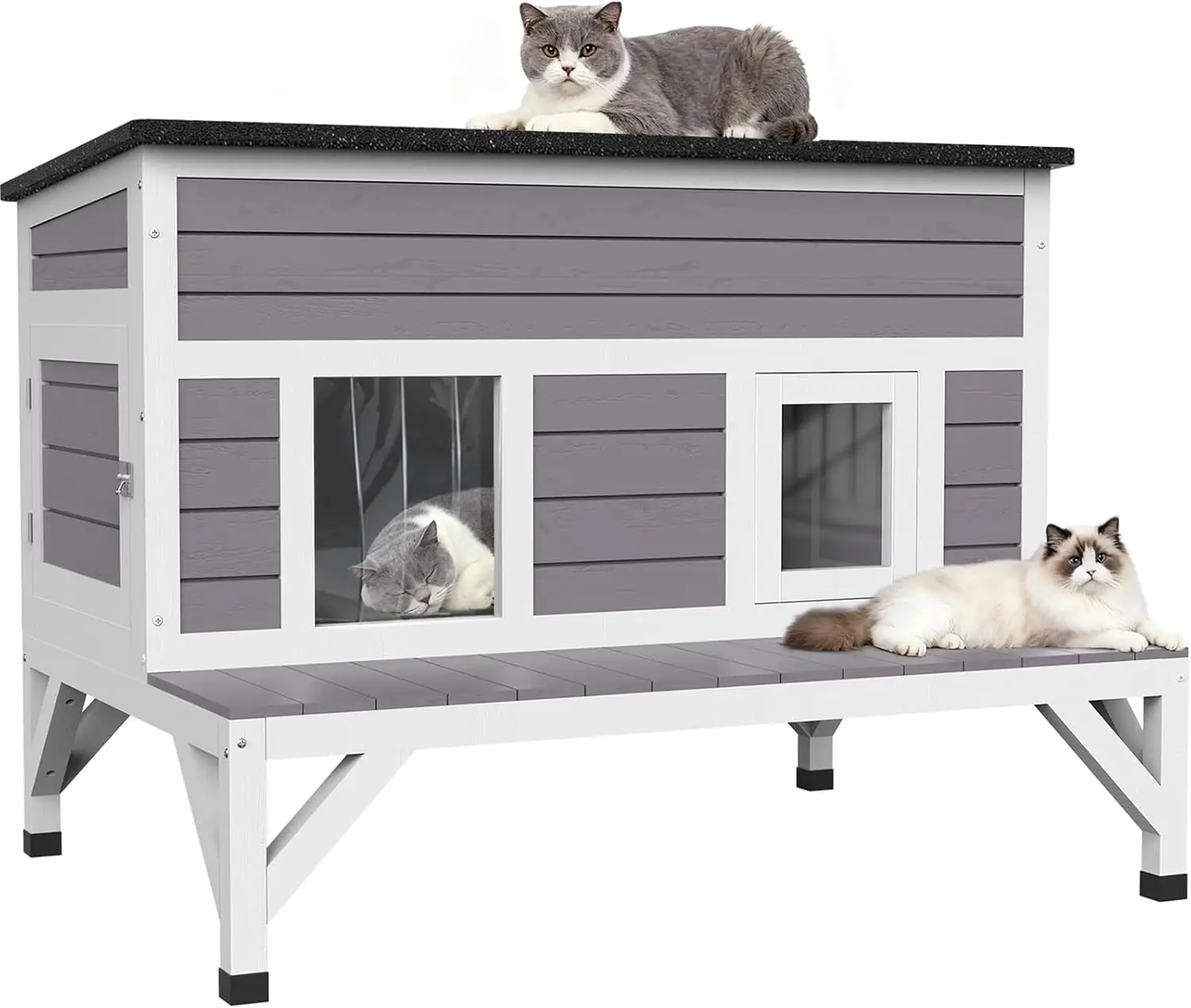 

Large Cat House for Outdoor, Weatherproof Feral Cats Shelter Design with Platform, Easy to Install and Clean Kitty House Keep Sa