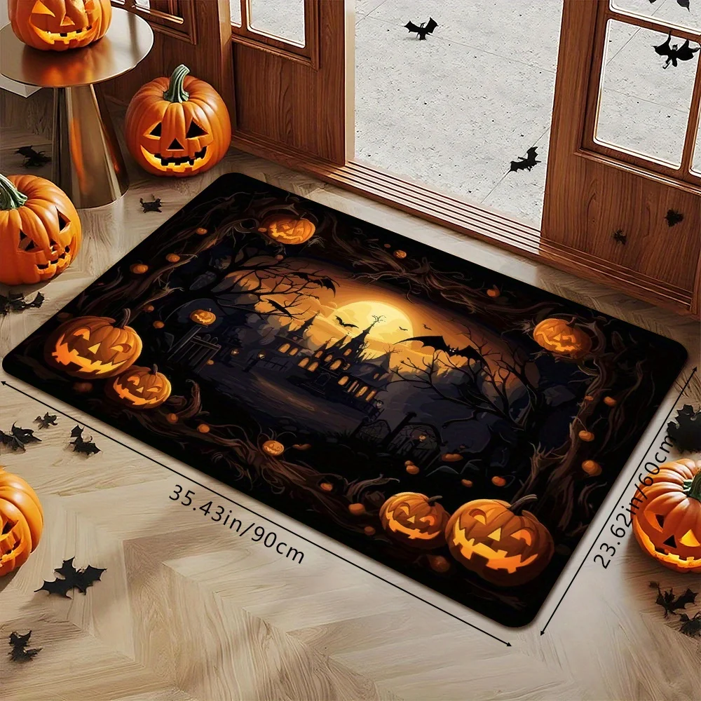 1pc Halloween Doormat - Spooky Pumpkin Haunted House Design with Bats & Moon, Soft Absorbent Polyester Non-Slip PVC Backing, Mac