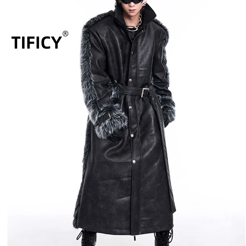 

High End Light Luxury Padded Thick Warm Long Faux Leather Fur Splicing Windbreaker Coats Men's Winter Style Coats with Belt