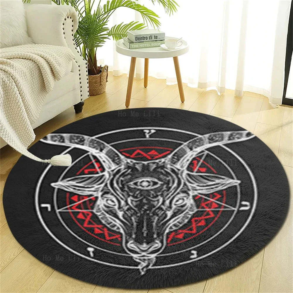 

Baphomet Demon Black Symbol Pentagram Goat Head Satanic Skull Monochrome Vintage Round Carpet