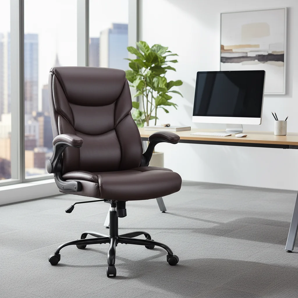 Ergonomic PU Leather Executive Office Chair, Swivel Computer Desk Chair with Lumbar Support Flip-up Arms Dark Brown