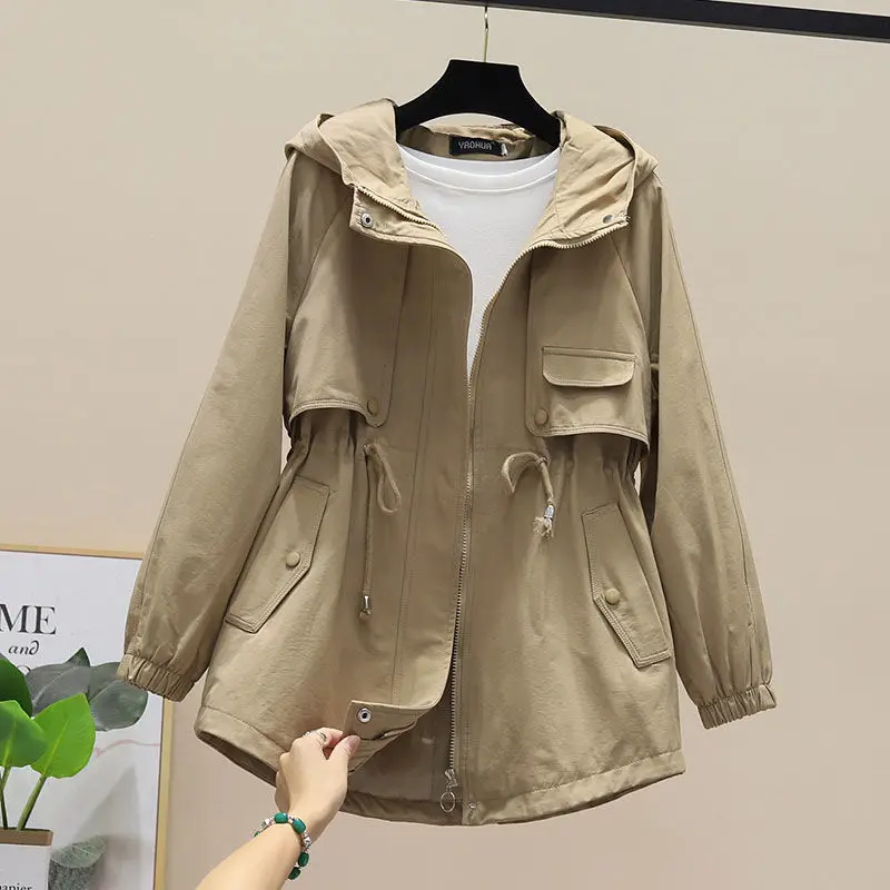 Spring Autumn Trench Coat Hooded Zipper Windbreaker Loose Casual Windproof Jacket Adjustable Waist Overcoat Female Coats Outwear