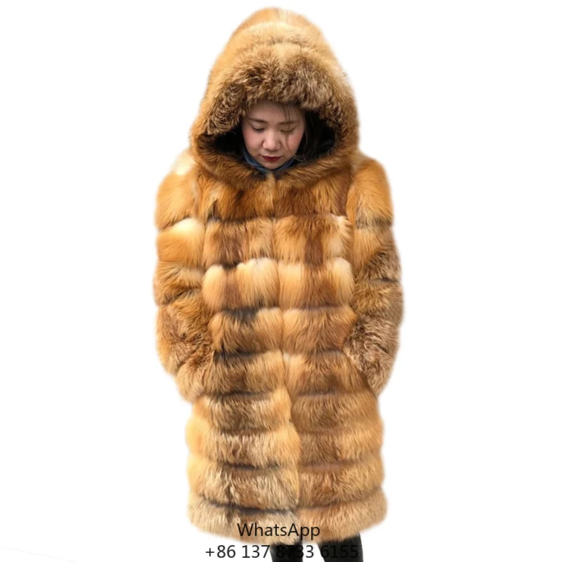 Factory Wholesale Custom Winter Long Luxury Natural Fur Coat With Hood Detachable Genuine Red Fox Fur Hood Coat For Women