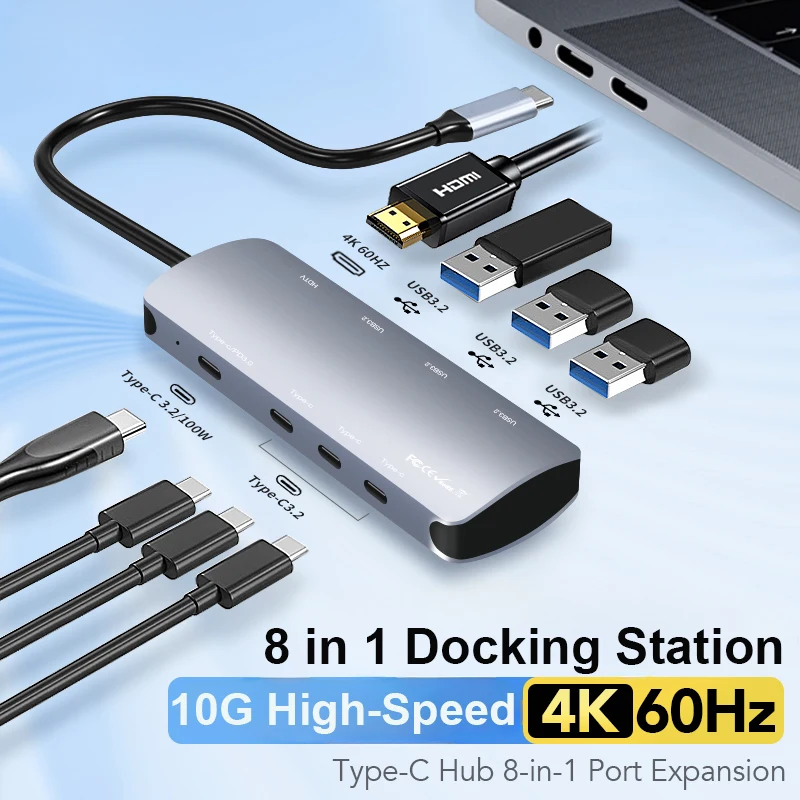 

USB-концентратор 10 Гбит/с, 4K HDMI USB C 3,2 Gen 2, совместимый с MacBook Pro/Air Chromebook