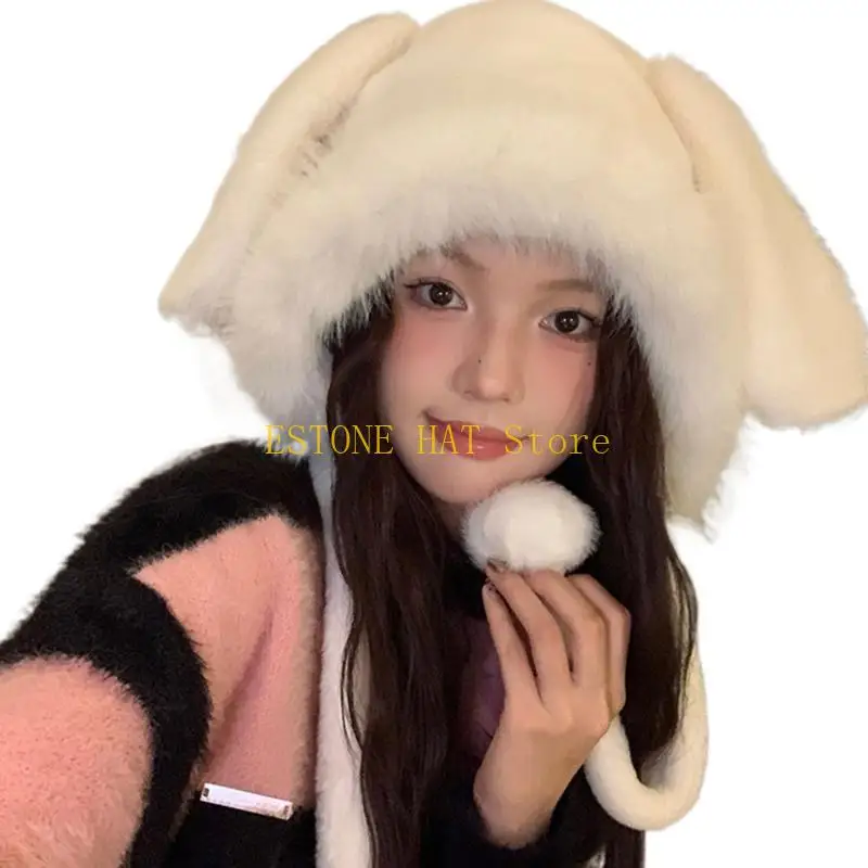 

49MF Подростковая мягкая теплая шапка в форме кроличьих ушей, зимняя шапка-траппер для вождения для милых девочек