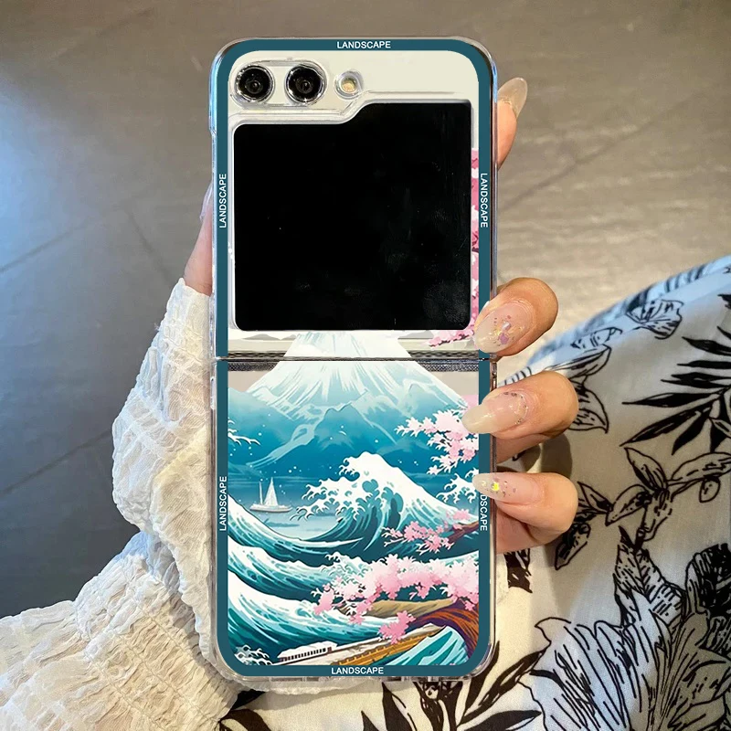 Japanese Mount Fuji Landscape Ocean Wave Phone Case for Samsung Galaxy Z Flip 6 5 4 3 Hard PC Clear Folding Cover for Z Flip6