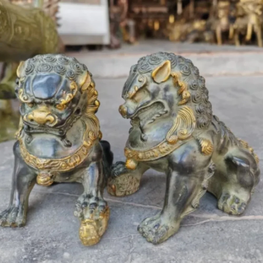العتيقة القديمة الأسود البرونزية باب فنغشوي الحرس فو فو الكلاب تمثال الأسد زوج #2