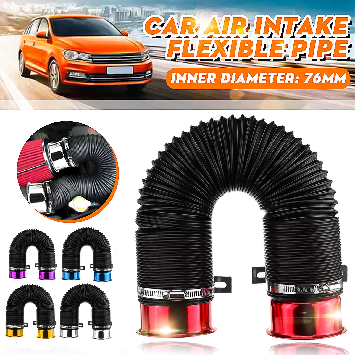 76mm / 3 inch Universal Flexible Car Engine Cold Air Intake Hose Inlet Ducting Feed Tube Pipe With Connector & Braket