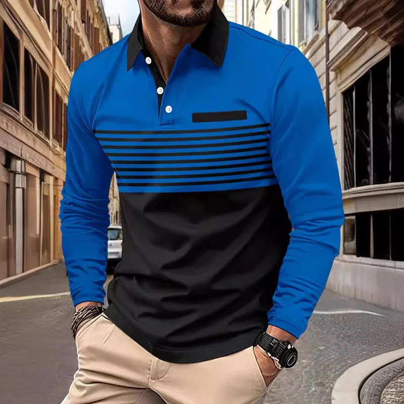 

Men's Long Sleeve Polo Shirt Color Block Striped Button Placket Casual Breathable Golf Business Daily Wear Tops for Men