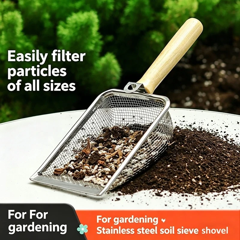Stainless Steel Soil Sieve Shovel, Garden Sifter for Potting Mix, Hanging Gardening Tool for Sifting Soil Sand Gravel, Farm