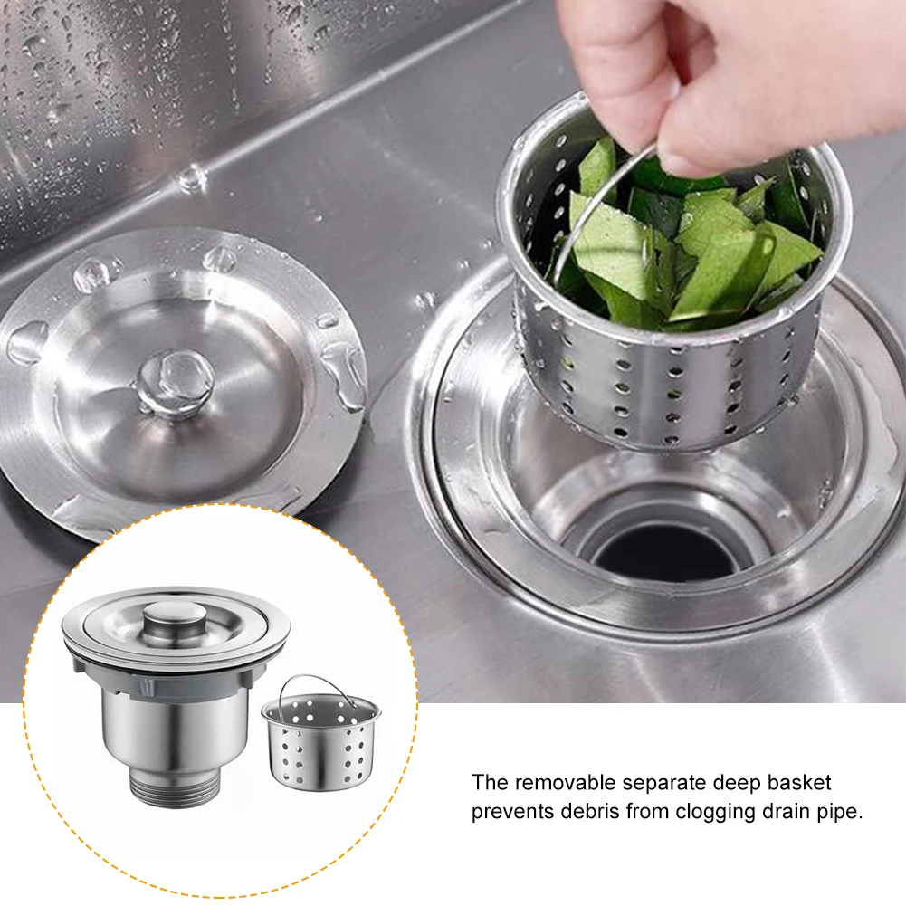 

Kitchen Sink Drain Strainer Assembly Stainless Steel Removable Deep Waste Basket Sealing Lid Kitchen Accessory