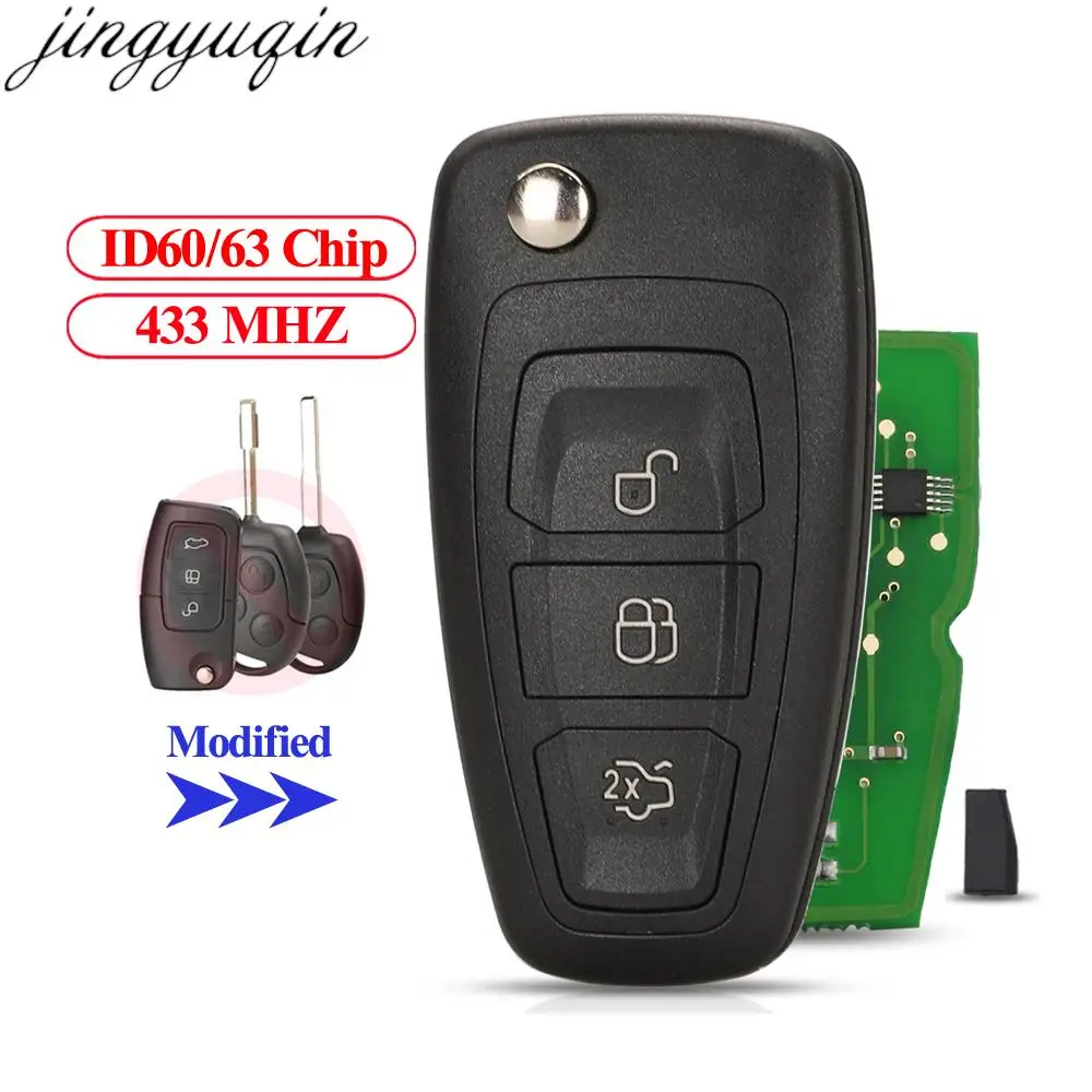 Jingyuqin Flip Remote Car Key ASK 4D Chip ID60/63 433Mhz per Ford Focus Mk1 Mondeo Transit Connect 3 pulsanti Fob modificato