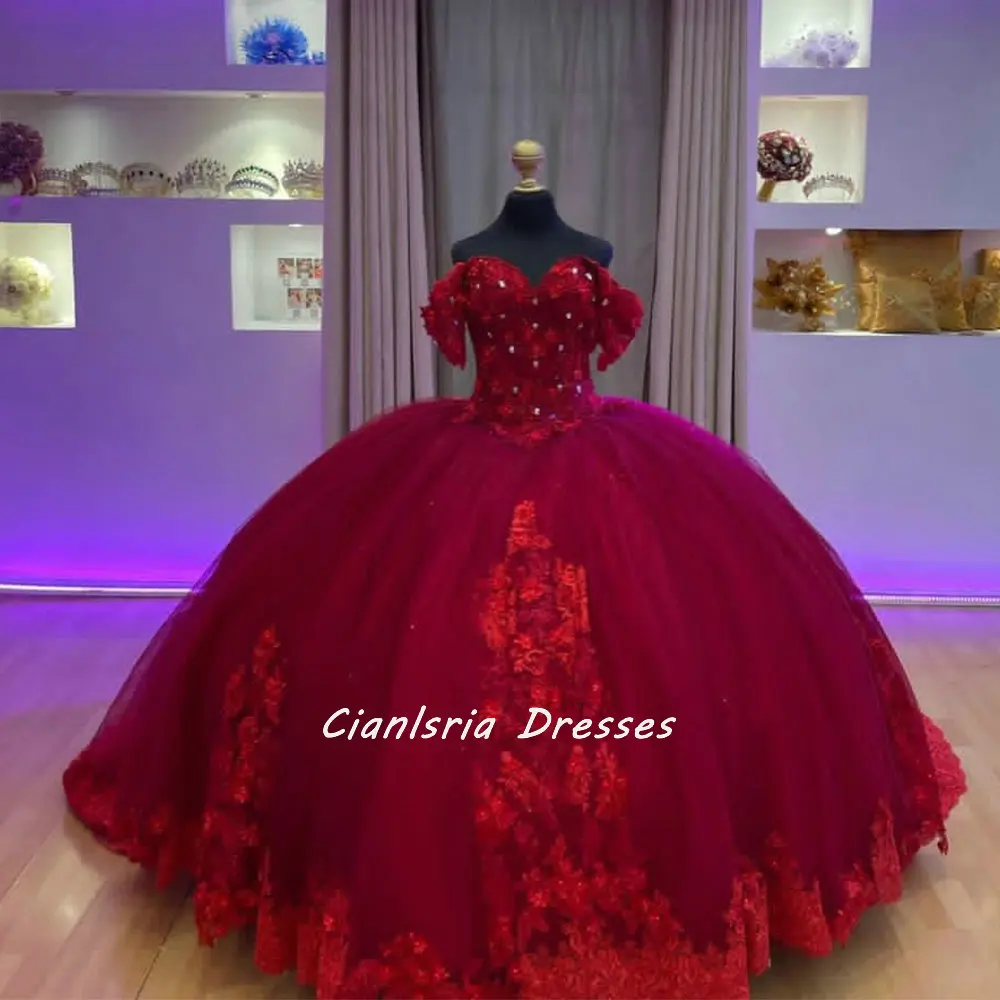 

Dark Red Crystal Beading Quinceanera Dresses Ball Gown Off The Shoulder Appliques Lace Corset Sweet 15 Vestidos De Quinceañera