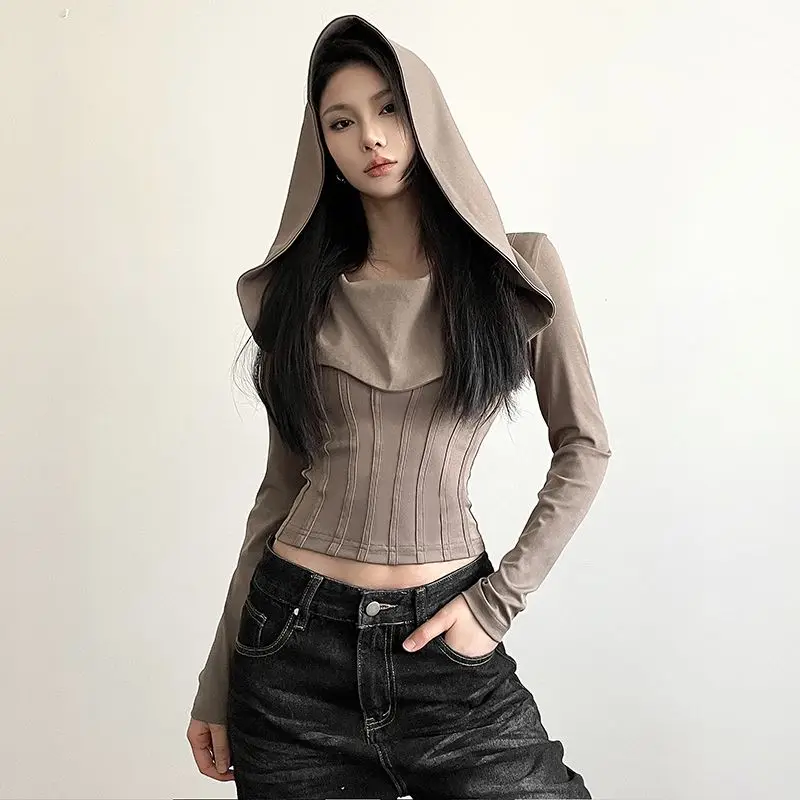 Long-Sleeved Hooded Unique Dune Wasteland Style Khaki Design Sense Fishbone Waist 2024 Spring And Summer New Top