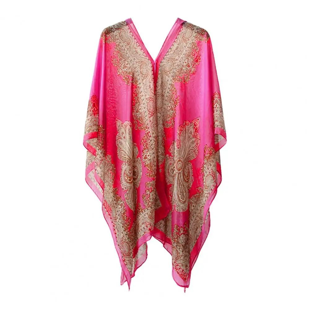Cashew Flower Print Multi function Chiffon Vintage Anti sun Bikini Cover Up Women Scarf Poncho Beach Bohemian Dress Shirt
