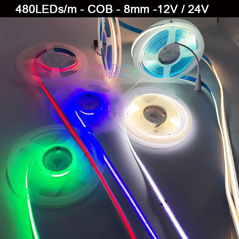 

12V 24V DC 5M single color COB LED Strip 480LEDs/m White/Warm white/Natural White/Blue/Red/Green Flexible Light Tape 8mm PCB