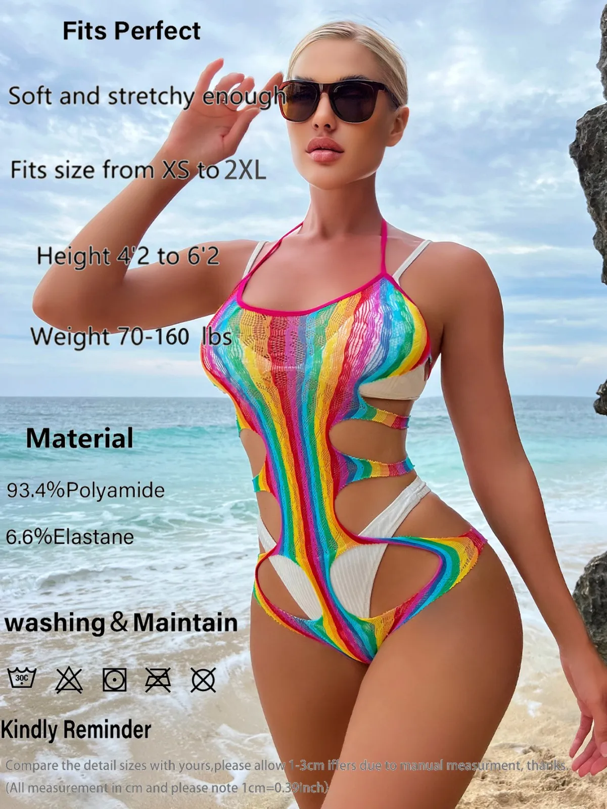 Sexy Beach Wear Cover Rainbow Hollow Out Mesh Dress Swimsuit Cover Up Bikini Cover Up Clothes Fishnet Bodysuit Lingerie