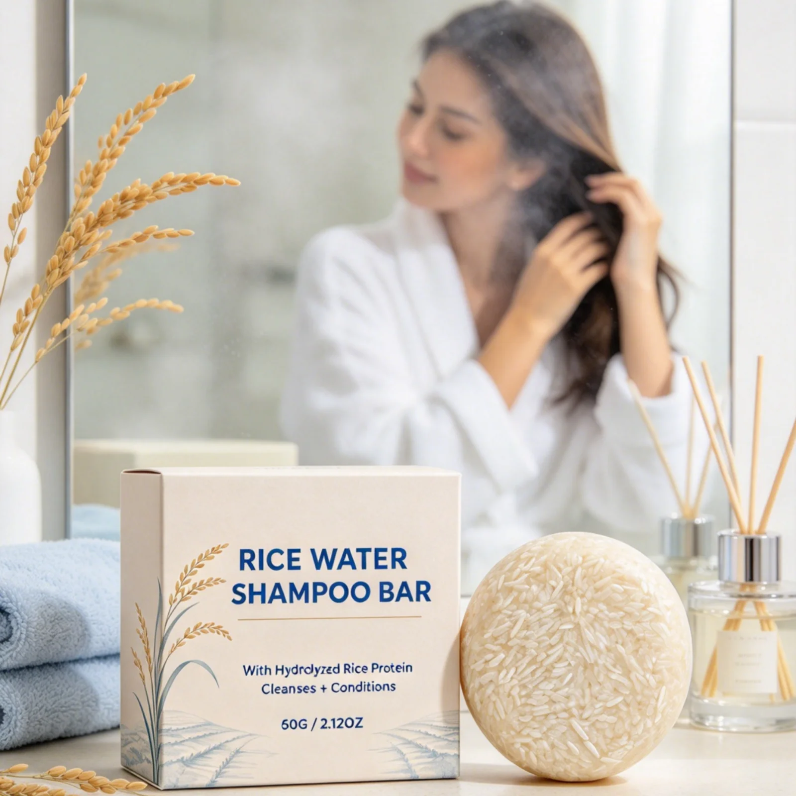 Rice Water Shampoo Bar Gentle Cleansing Deeply Nourishing Hair Moisturizing Reduce Frizz Smoothing Boost Shine Solid Shampoo Bar