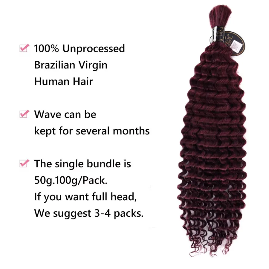 99J Burgundy Bulk Human Hair for Braiding Deep Wave Braiding Hair Curly Hair Extension for Boho Braids Knotless Hair Virgin Hair