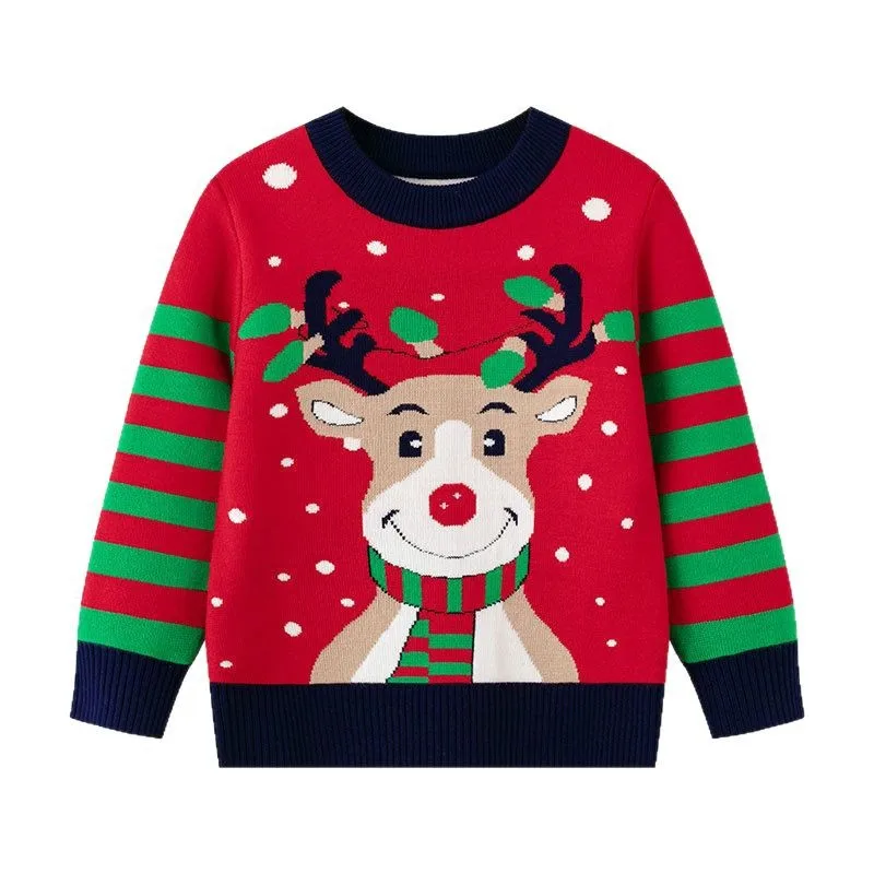 Nuovo maglione di cervo dei cartoni animati di Natale europei e americani per bambini autunno inverno - maglione lavorato a maglia per ragazzi e ragazze da 3 a 7 anni