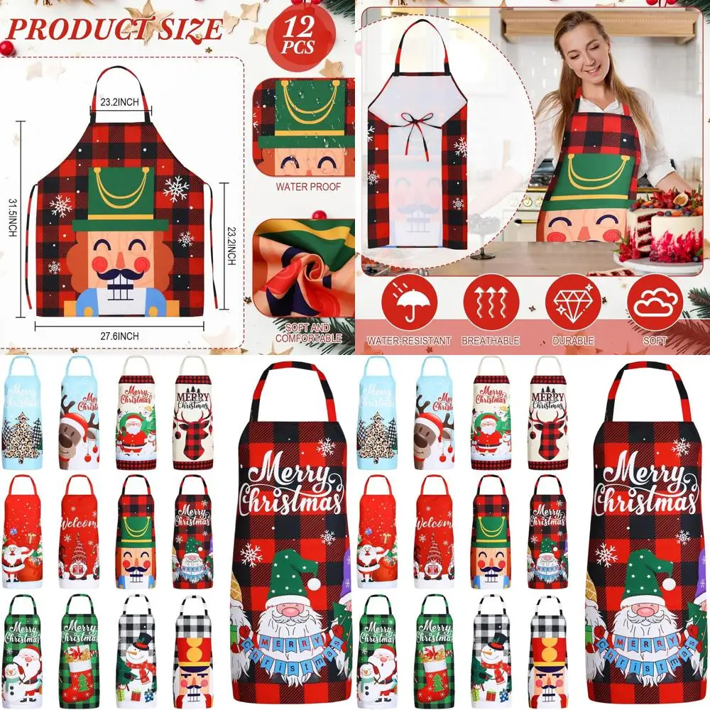 

12-Piece Bulk Red Plaid Christmas Aprons with Santa and Elf Patterns for Unisex Holiday Cooking and Baking