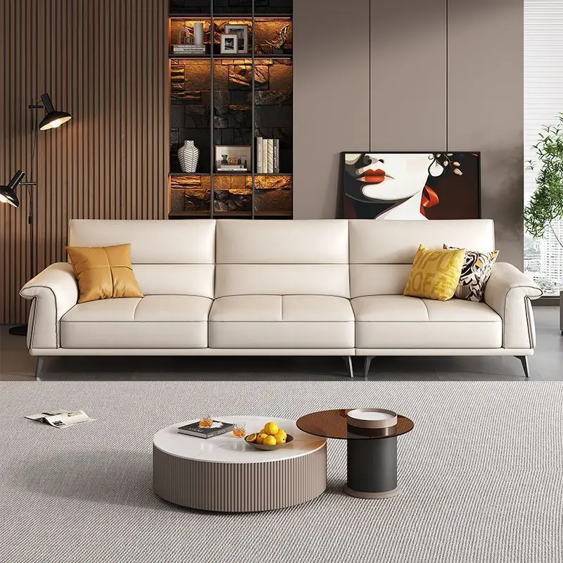 

Minimalist leather sofa new living room small apartment modern simple first layer cowhide straight row combination