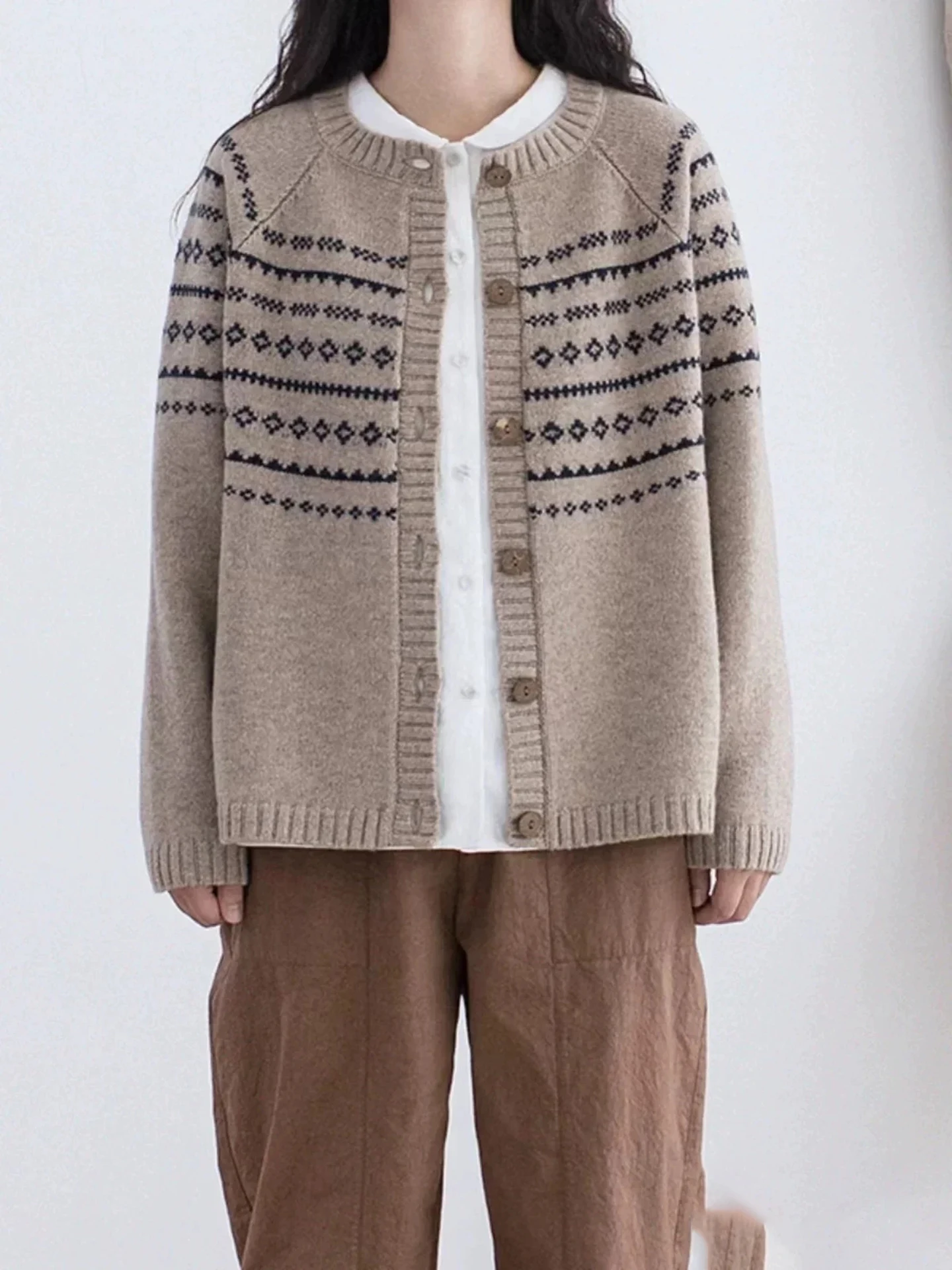 

Новый женский вязаный жаккардовый кардиган из 100% мериносовой шерсти с круглым вырезом, толстый осенне-зимний удобный топ, приятный для кожи