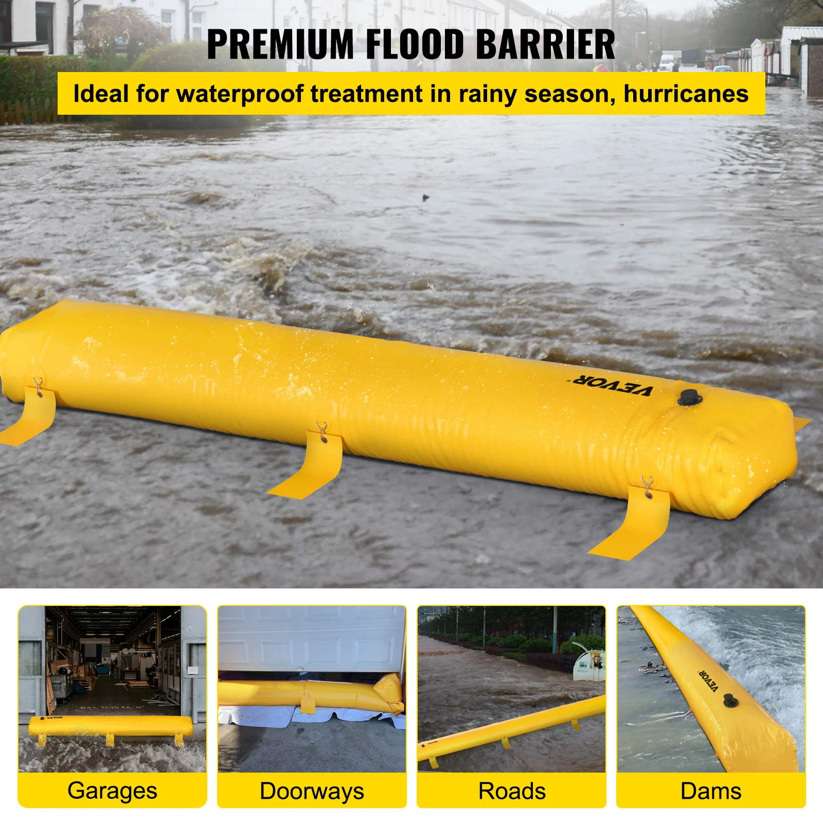 VEVOR Flood Barrier Reusable PVC Yellow Water Soft Folding Diversion Tubes Bags Lightweight Hydro Excellent Waterproof Barrier