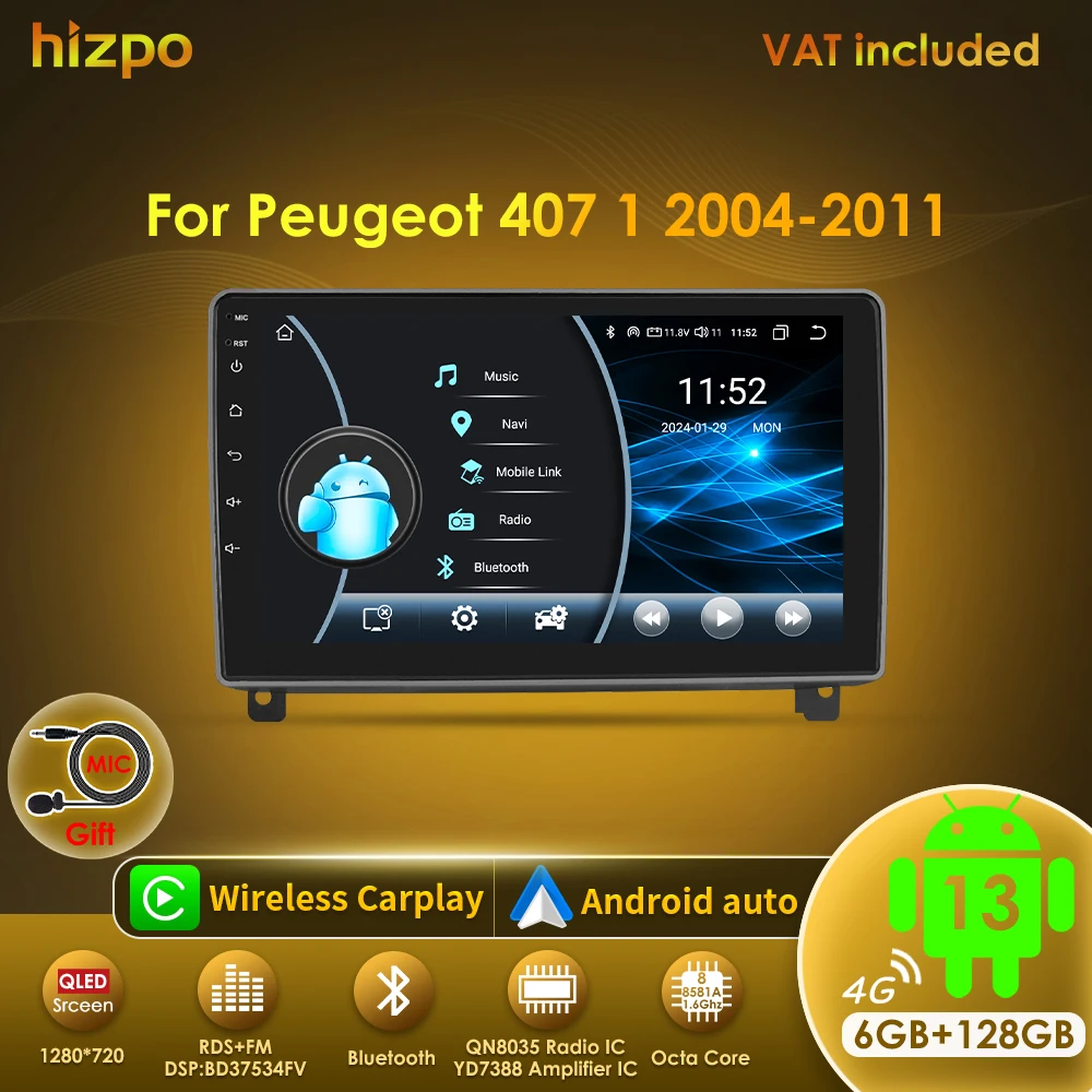 Hizpo Car Radio For Peugeot 407 1 2004-2008 2009 2010 2011 Wireless CarPlay Android Auto Multimedia No 2 din 2din DVD Autoradio