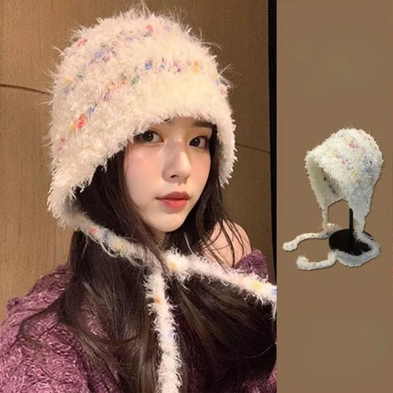 Beanies Plush Hat Women's Knitted Hat Autumn Winter Warm Ear Protector Wool Knitted Small Versatile Lace-up Knitted Hat Beanies