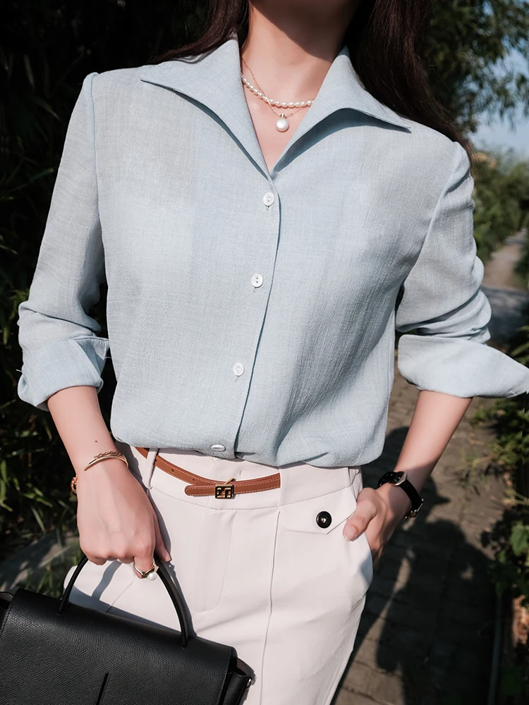 

Удобная легкая футболка из хлопка и льна с эффектом ацетатной ткани для женщин, простая, осенняя, немнущаяся, с длинным рукавом