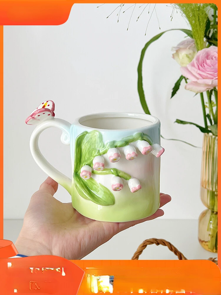 Munins three-dimensional hand-held tulip mug high-value coffee cup embossed rose ceramic cup gift