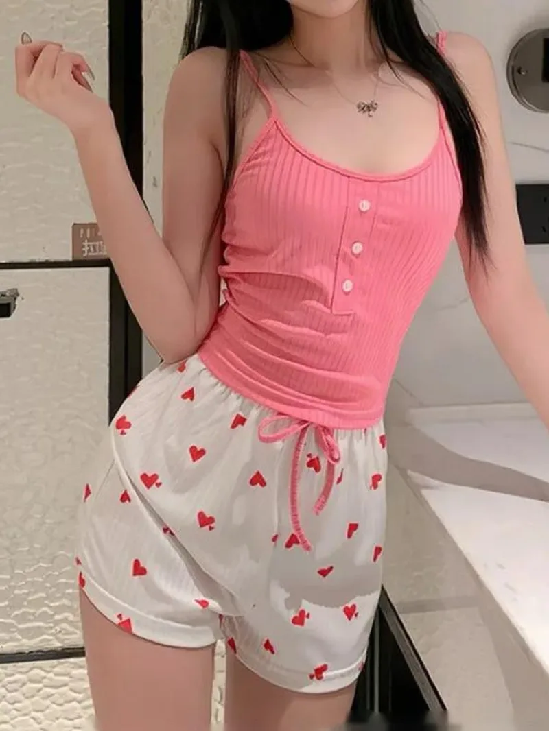 

Лидер продаж, пикантная женская домашняя одежда, шорты с принтом сердца, однотонные камзолы на пуговицах, носимые шорты в рубчик, повседневные комплекты IKXB