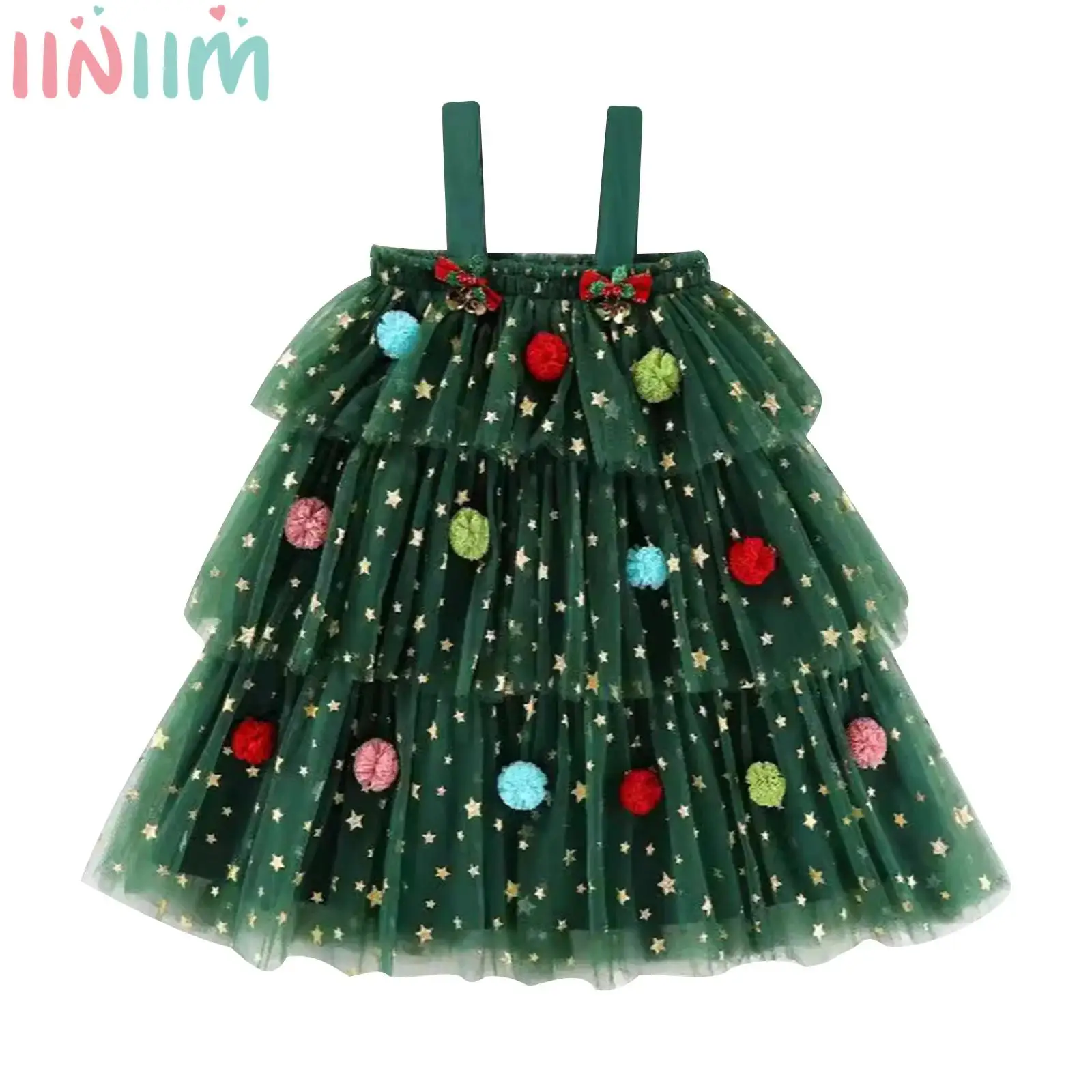 Baby Girl Christmas Tree Elements Costume Flower Glitter Star Christmas Bells Decoration Spaghetti Strap Mesh Patchwork Dress