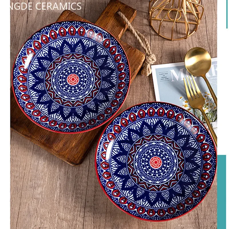 8 Inch Retro Ceramic Plate Handmade Dinner Plates Serving Dish Plate Creative Round Dishes Tableware Home Kitchen Accessories