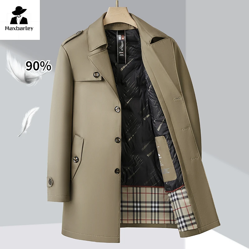 Gabardina gruesa de estilo británico para hombre, chaqueta de plumón de pato blanco, forro interior extraíble, largo, cálido, urbano, de lujo, para invierno