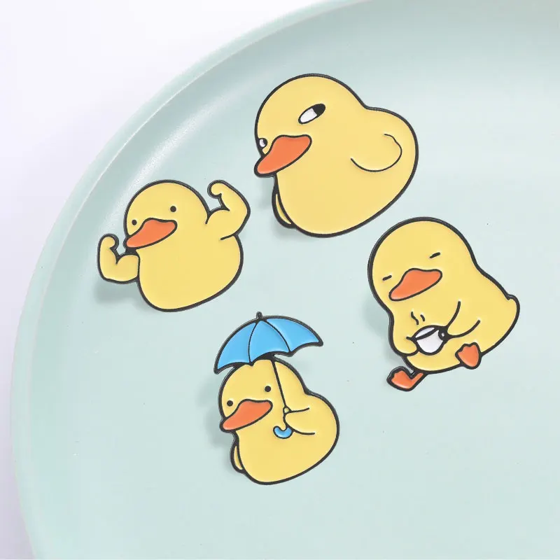 Niedliche Enten-Emaille-Anstecknadel mit Seitenblick-Expression, Cartoon-Emo-Ente mit Regenschirm, muskulöse Posen, Enten-Brosche, Taschen- und Reversabzeichen, Schmuckgeschenk – Detail 6