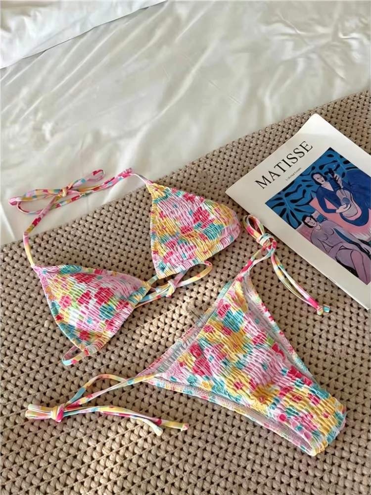 Summer Beach Ladies Two Piece Bikini Y2K Japanese Lolita Floral Ruffle Print Slim Sexy Daily Swimming Outfit For Women
