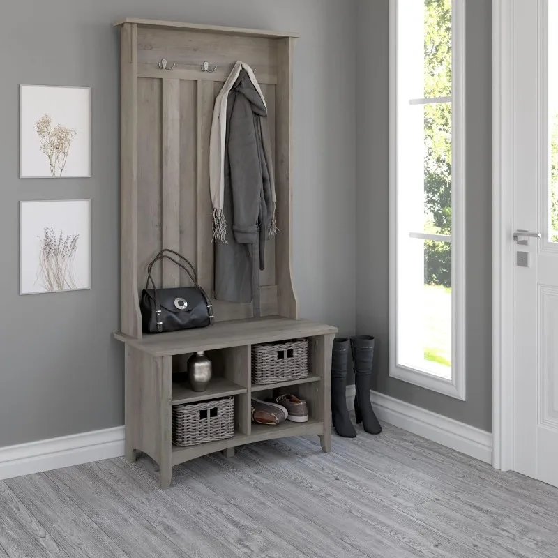 Hall Tree with Shoe Storage Bench, Driftwood Gray