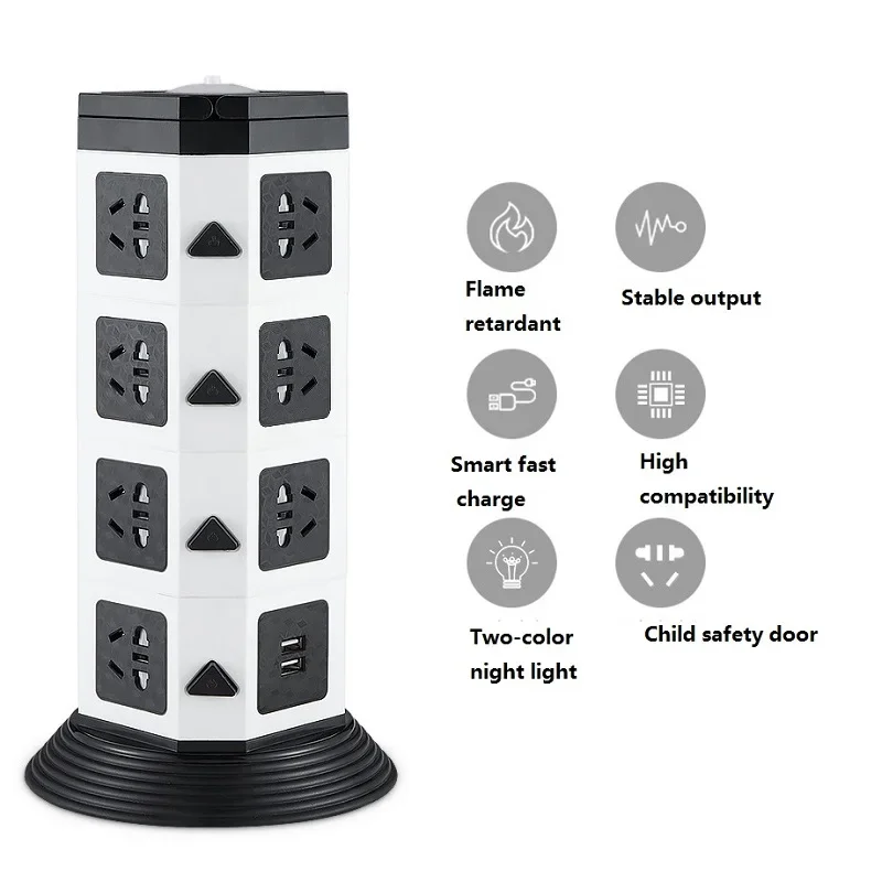 Tower Power Strip Vertical Desktop Multi Socket 7/11/15 Outlet with Dual USB 1.8M Extension cord Socket Overload Protection