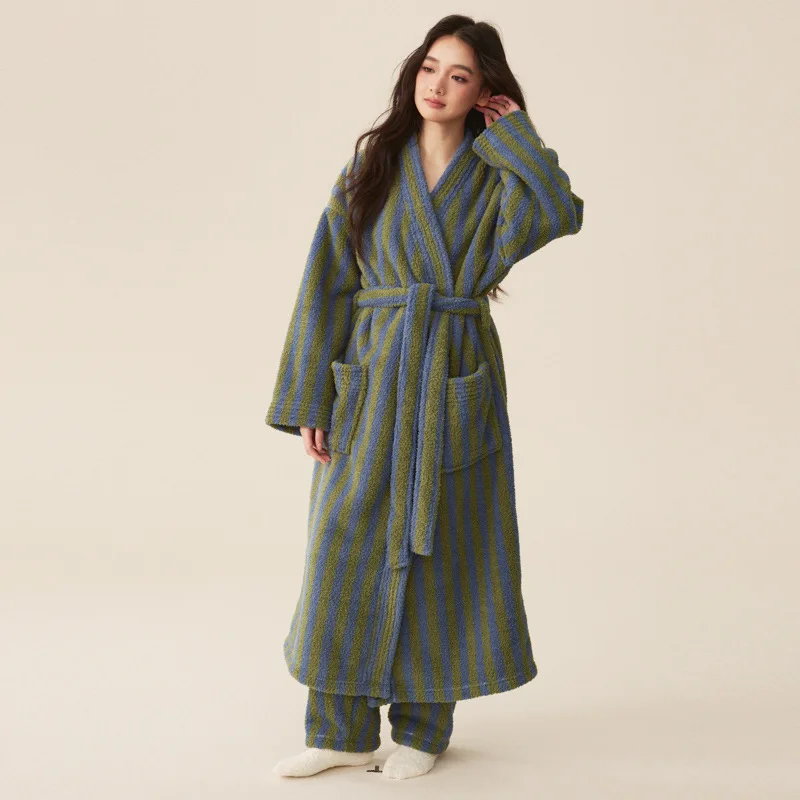 Thickened Flannel Robe Pants Pajamas Set Autumn Winter New Couple Coral Velvet Women Men Bathrobe Striped Lengthed Home Clothes