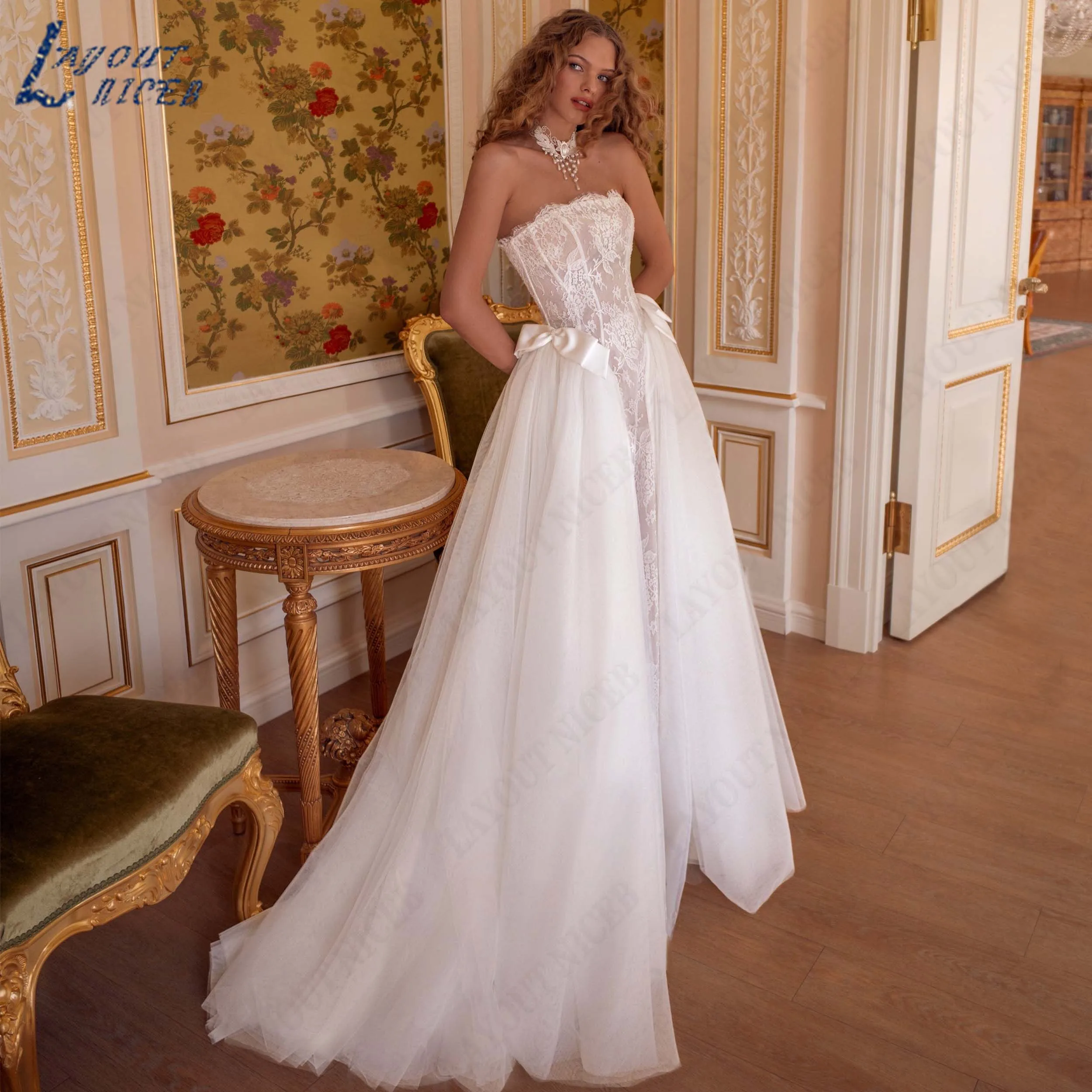 LAYOUT NICEB Customized Tulle A-Line Bridal Gown Strapless With Bow Wedding Dress Lace Sleeveless Bride Dresses For Women