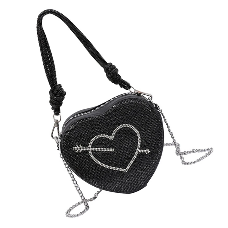 E74B ผู้หญิงกระเป๋าสายโซ่ไหล่ Crossbody กระเป๋ารูปหัวใจคลัทช์กระเป๋า Rhinestones กระเป๋าสำหรับงานปาร์ตี้