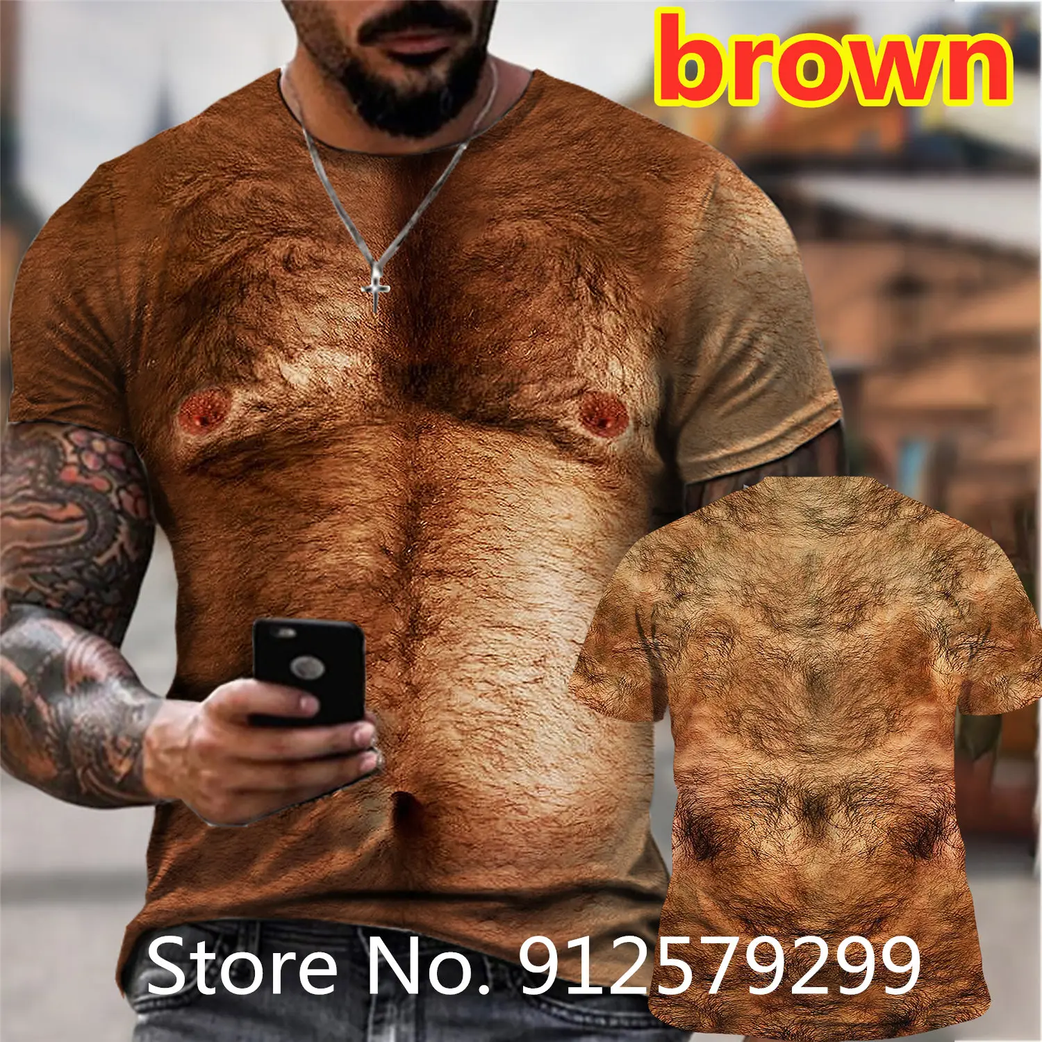 Men\'s Fashion Funny Muscular 3D Printing T-Shirt Casual Muscle Short Sleeve Animal Naked Hairy Man Nude Skin Chest Muscle TShirt